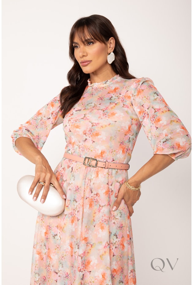 VESTIDO MIDI COM CINTO EM TULE FLORAL SALMÃO - LEKAZIS