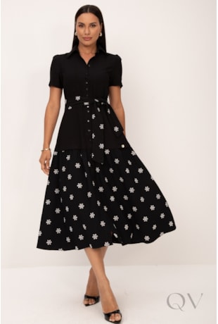 VESTIDO MIDI COM DETALHE DE LAISE EM CUPRO DE VISCOSE PRETO - LEKAZIS
