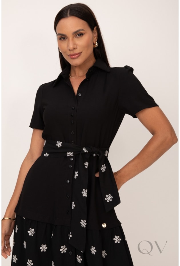 VESTIDO MIDI COM DETALHE DE LAISE EM CUPRO DE VISCOSE PRETO - LEKAZIS