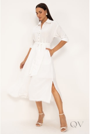 VESTIDO MIDI COM DETALHE DE RENDA EM VISCOSE OFF WHITE - LEKAZIS