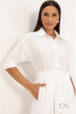 VESTIDO MIDI COM DETALHE DE RENDA EM VISCOSE OFF WHITE - LEKAZIS