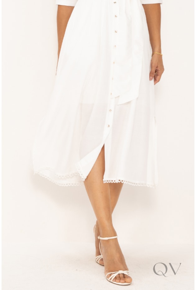 VESTIDO MIDI COM DETALHE DE RENDA EM VISCOSE OFF WHITE - LEKAZIS