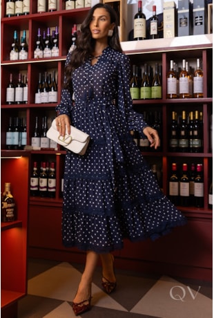 VESTIDO MIDI COM ENTREMEIO EM CHIFFON POÁ AZUL - LUZIA FAZZOLLI