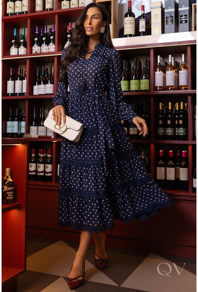 VESTIDO MIDI COM ENTREMEIO EM CHIFFON POÁ AZUL - LUZIA FAZZOLLI