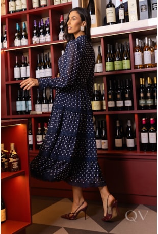 VESTIDO MIDI COM ENTREMEIO EM CHIFFON POÁ AZUL - LUZIA FAZZOLLI