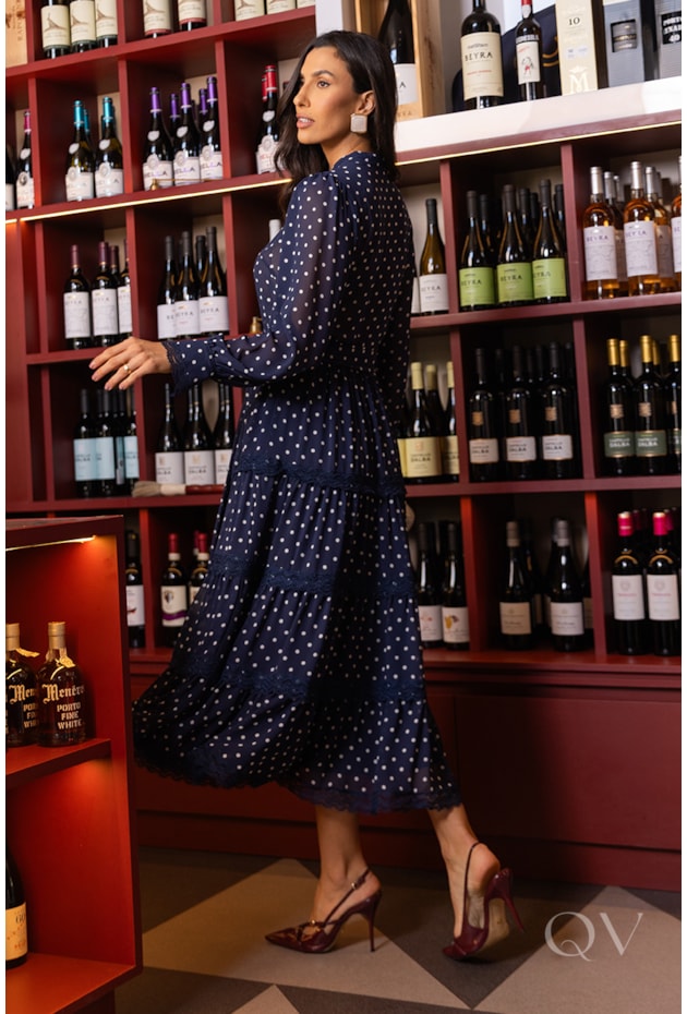 VESTIDO MIDI COM ENTREMEIO EM CHIFFON POÁ AZUL - LUZIA FAZZOLLI