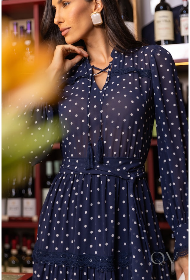 VESTIDO MIDI COM ENTREMEIO EM CHIFFON POÁ AZUL - LUZIA FAZZOLLI