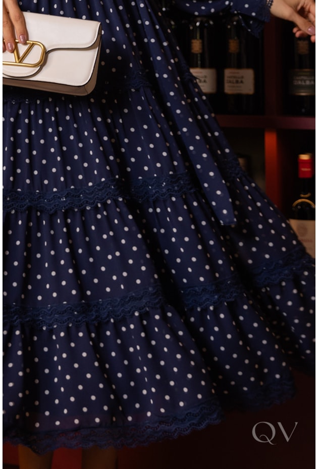 VESTIDO MIDI COM ENTREMEIO EM CHIFFON POÁ AZUL - LUZIA FAZZOLLI