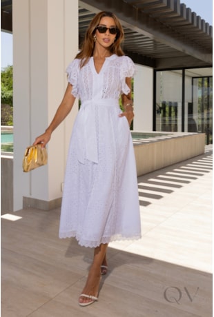VESTIDO MIDI COM ENTREMEIO EM LAISE BRANCO - LUZIA FAZZOLLI