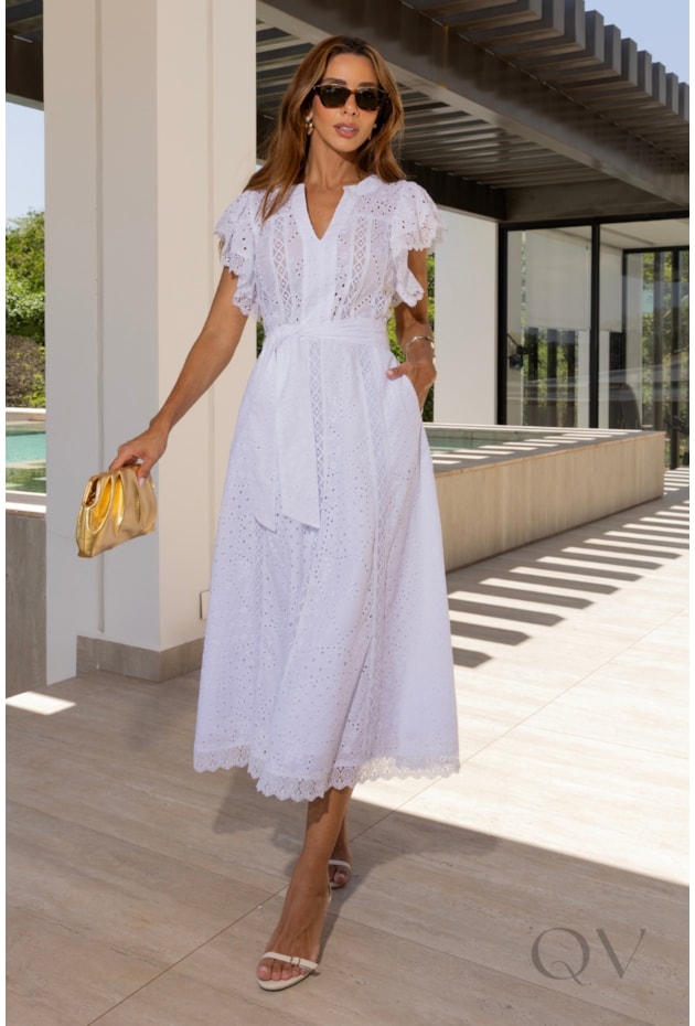 VESTIDO MIDI COM ENTREMEIO EM LAISE BRANCO - LUZIA FAZZOLLI