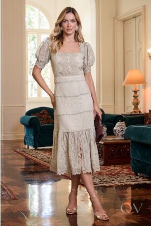 VESTIDO MIDI COM ENTREMEIO EM RENDA VERDE OLIVA - LUZIA FAZZOLLI