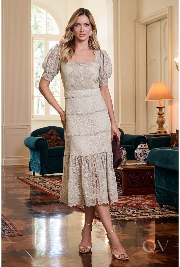 VESTIDO MIDI COM ENTREMEIO EM RENDA VERDE OLIVA - LUZIA FAZZOLLI