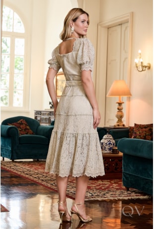 VESTIDO MIDI COM ENTREMEIO EM RENDA VERDE OLIVA - LUZIA FAZZOLLI