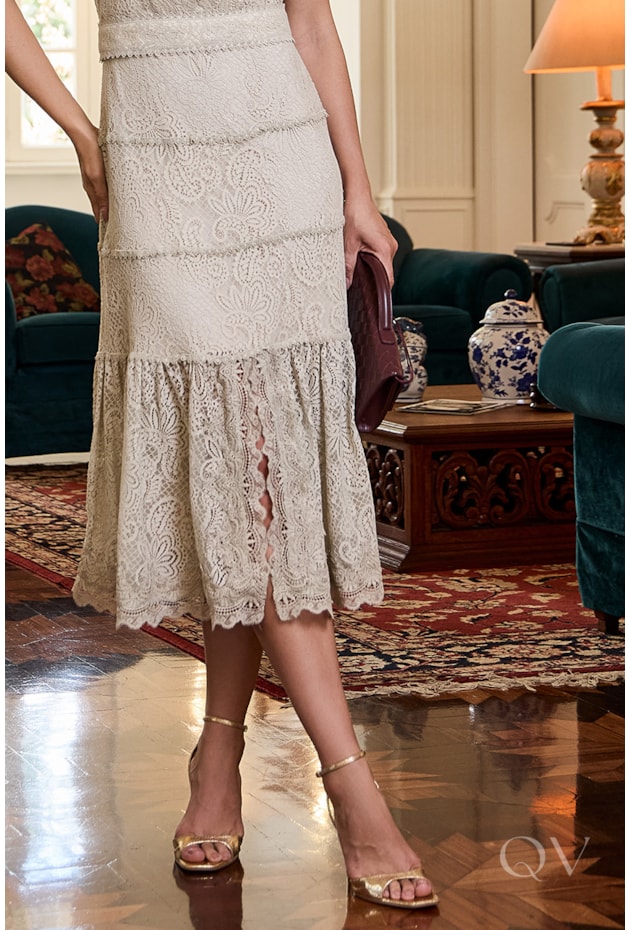 VESTIDO MIDI COM ENTREMEIO EM RENDA VERDE OLIVA - LUZIA FAZZOLLI