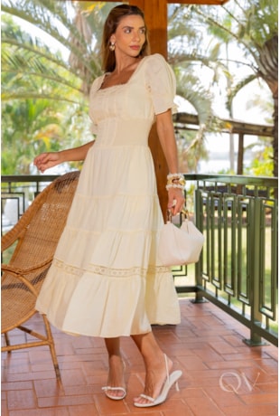 VESTIDO MIDI COM ENTREMEIOS EM LINHO AMARELO CLARO - LUZIA FAZZOLLI
