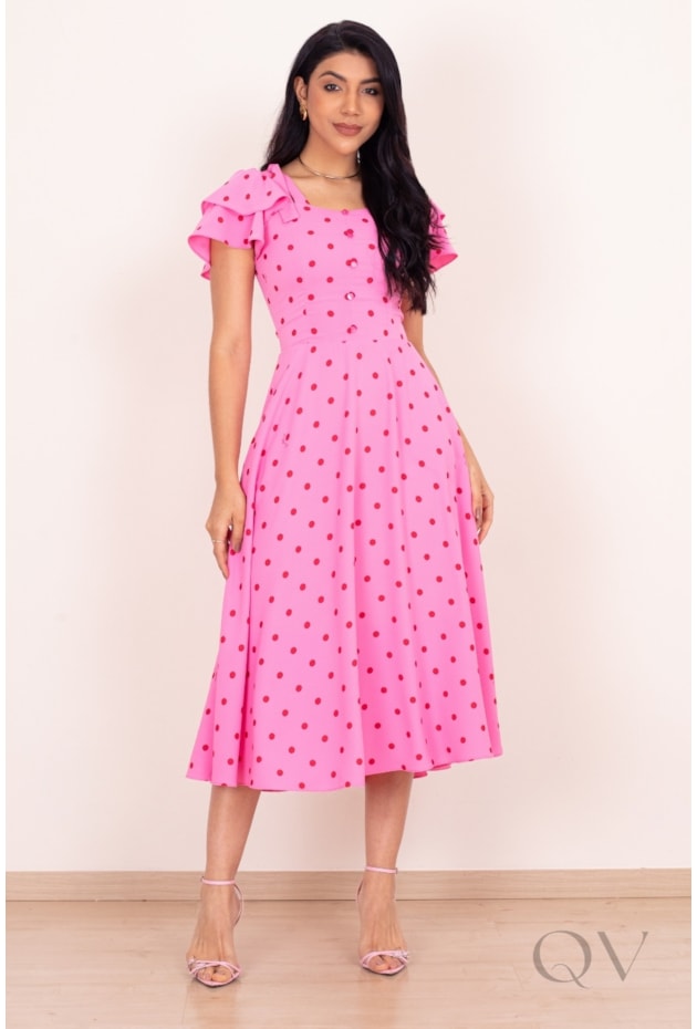 VESTIDO MIDI COM ESTAMPA DE POÁS EM CREPE BRUGES ROSA - PURO SHARMY