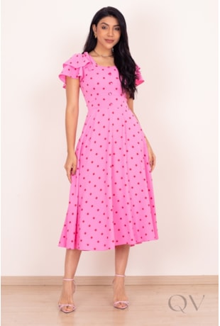 VESTIDO MIDI COM ESTAMPA DE POÁS EM CREPE BRUGES ROSA - PURO SHARMY