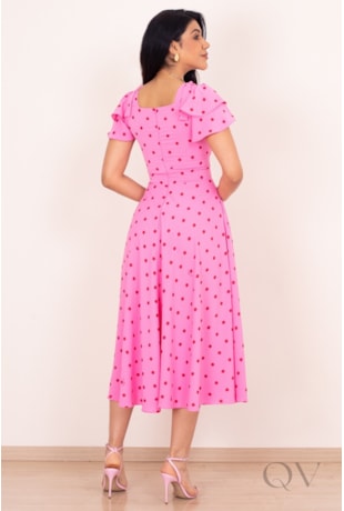 VESTIDO MIDI COM ESTAMPA DE POÁS EM CREPE BRUGES ROSA - PURO SHARMY