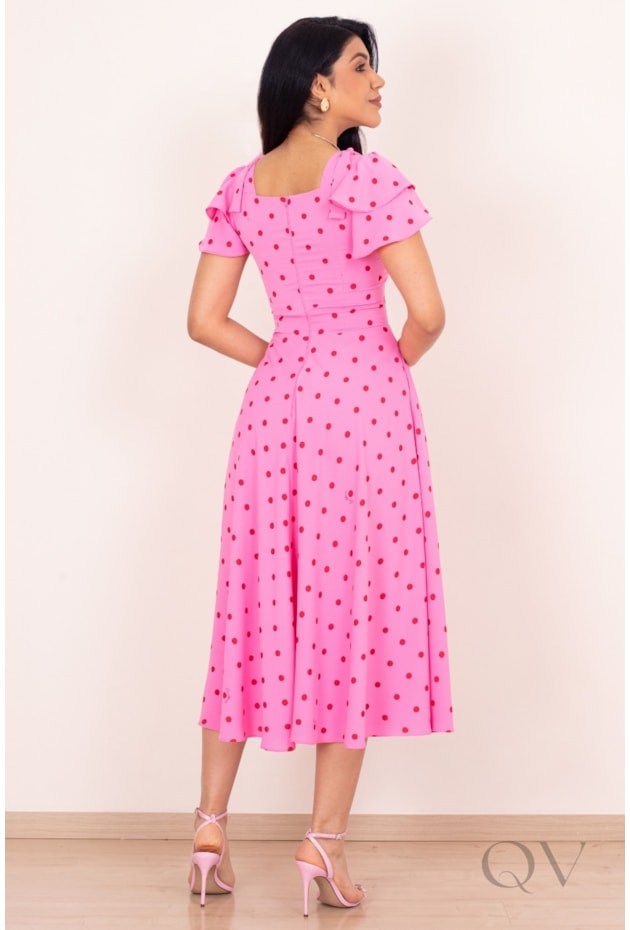 VESTIDO MIDI COM ESTAMPA DE POÁS EM CREPE BRUGES ROSA - PURO SHARMY