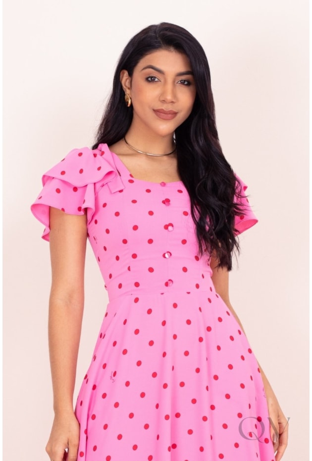 VESTIDO MIDI COM ESTAMPA DE POÁS EM CREPE BRUGES ROSA - PURO SHARMY