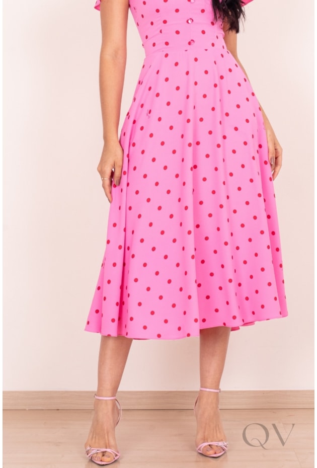 VESTIDO MIDI COM ESTAMPA DE POÁS EM CREPE BRUGES ROSA - PURO SHARMY