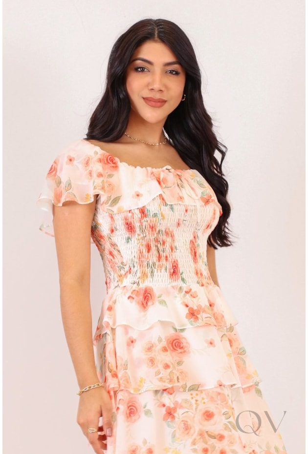 VESTIDO MIDI COM ESTAMPA FLORAL EM CREPE - PURO SHARMY