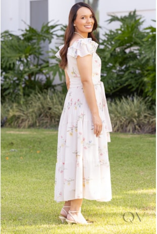 VESTIDO MIDI COM FAIXA EM MUSSELINE FLORAL - JANY PIM
