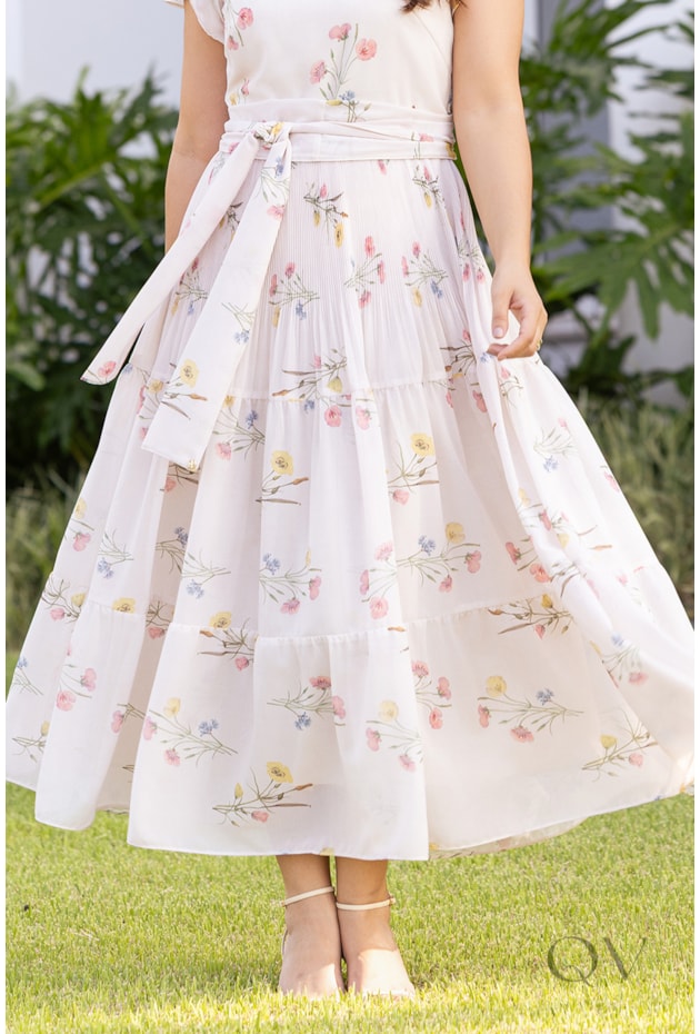VESTIDO MIDI COM FAIXA EM MUSSELINE FLORAL - JANY PIM