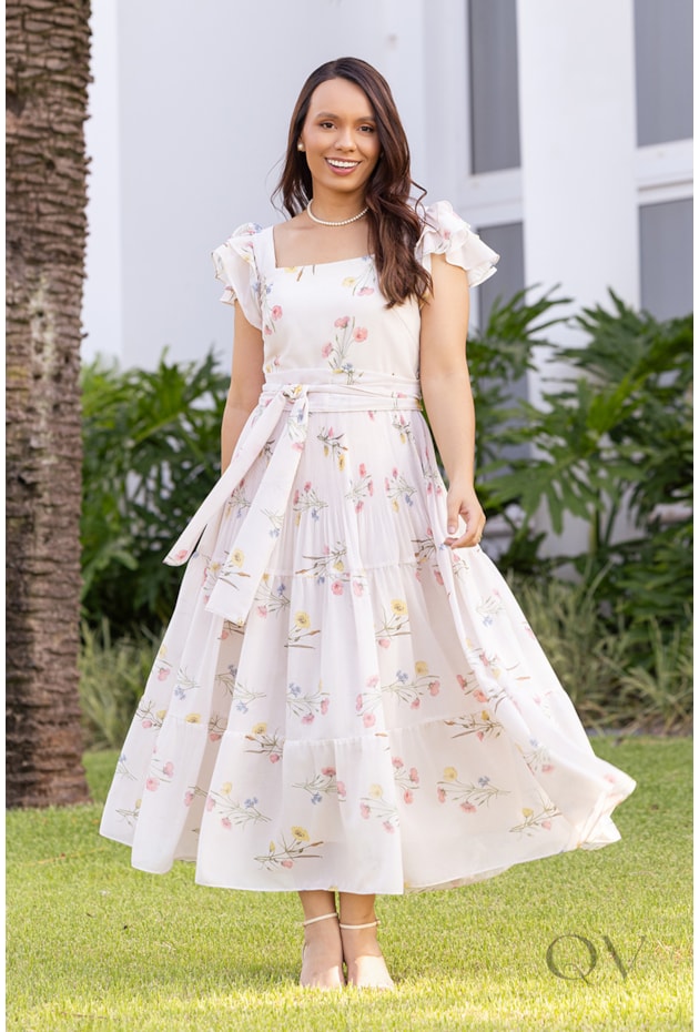 VESTIDO MIDI COM FAIXA EM MUSSELINE FLORAL - JANY PIM