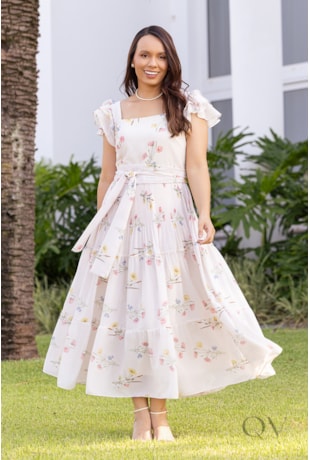 VESTIDO MIDI COM FAIXA EM MUSSELINE FLORAL - JANY PIM