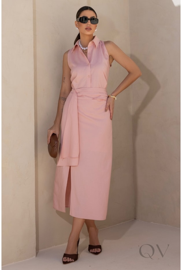 VESTIDO MIDI COM FENDA EM LINHO ROSE - LUZIA FAZZOLLI