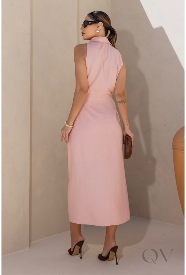 VESTIDO MIDI COM FENDA EM LINHO ROSE - LUZIA FAZZOLLI