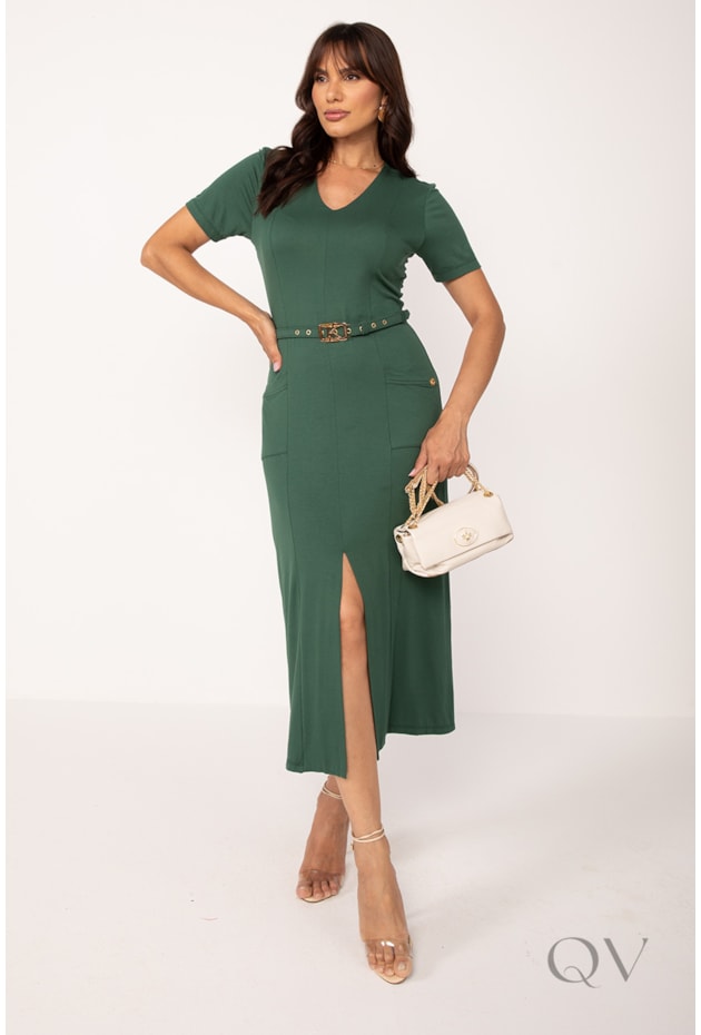 VESTIDO MIDI COM FENDA EM VISCOLYCRA VERDE - LEKAZIS