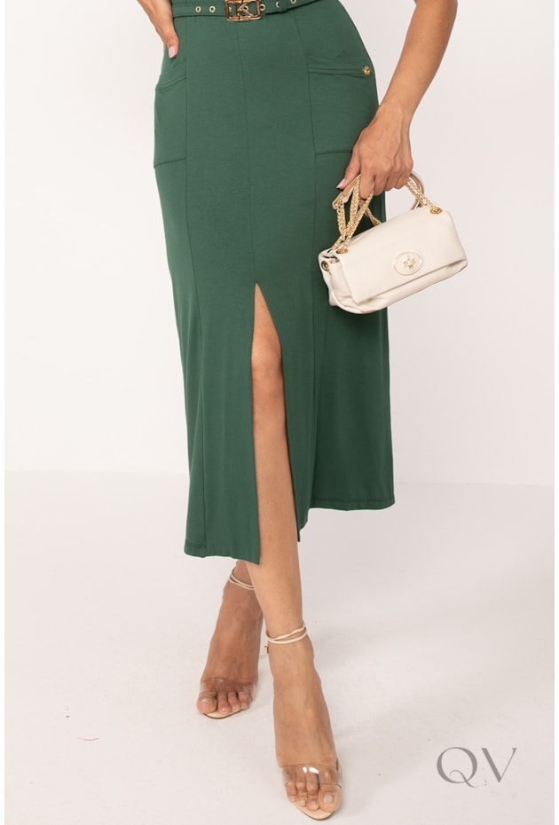 VESTIDO MIDI COM FENDA EM VISCOLYCRA VERDE - LEKAZIS