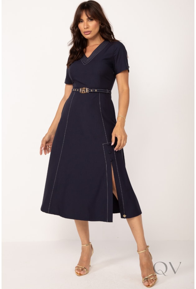 VESTIDO MIDI COM FENDA PESPONTADO EM ALFAIATARIA AZUL MARINHO - LEKAZIS