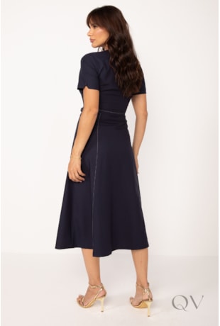 VESTIDO MIDI COM FENDA PESPONTADO EM ALFAIATARIA AZUL MARINHO - LEKAZIS