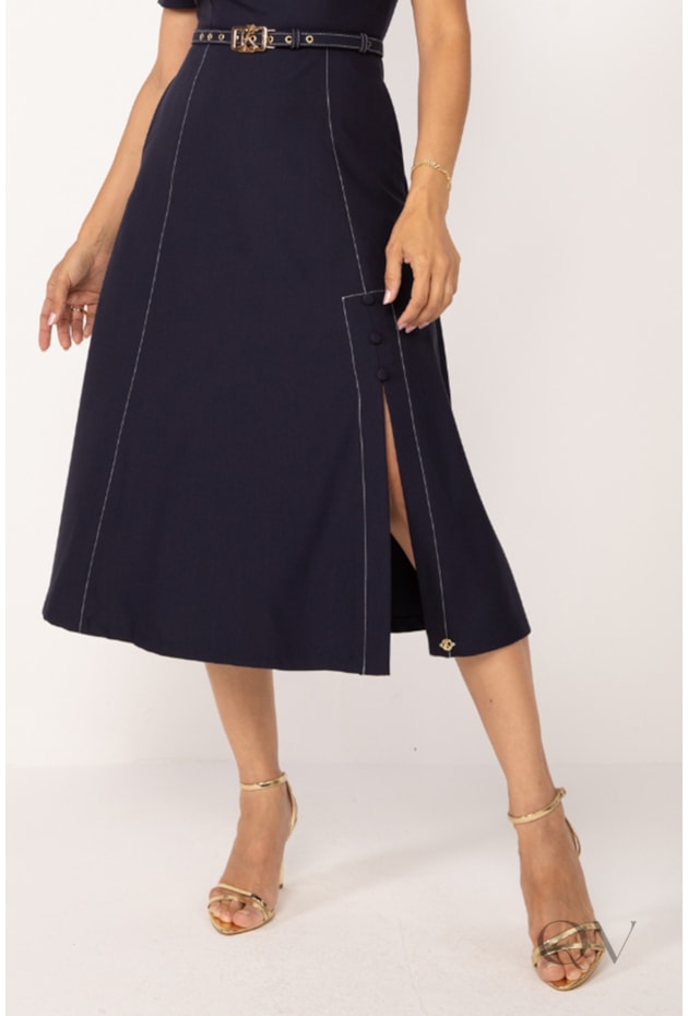 VESTIDO MIDI COM FENDA PESPONTADO EM ALFAIATARIA AZUL MARINHO - LEKAZIS