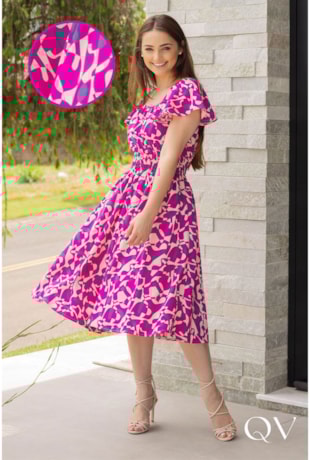 VESTIDO MIDI COM LASTÉX ESTAMPADO PINK - VALENTINA SIRRAH