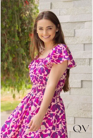 VESTIDO MIDI COM LASTÉX ESTAMPADO PINK - VALENTINA SIRRAH