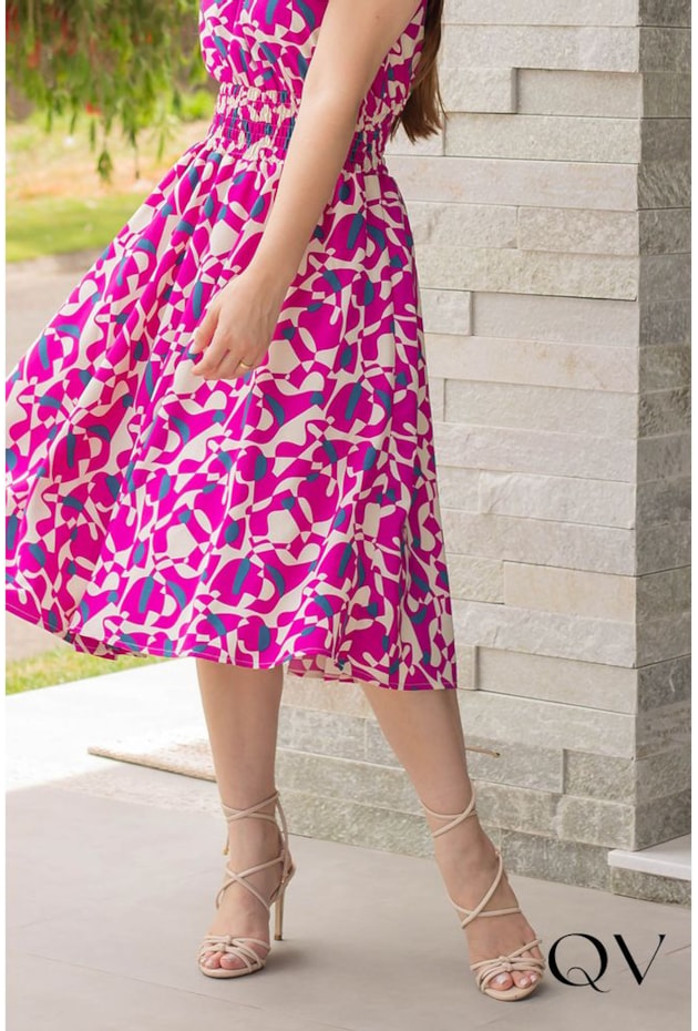 VESTIDO MIDI COM LASTÉX ESTAMPADO PINK - VALENTINA SIRRAH