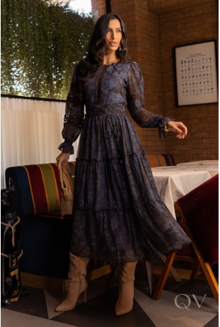 VESTIDO MIDI COM MARIAS EM CHIFFON ESTAMPADO AZUL - LUZIA FAZZOLLI