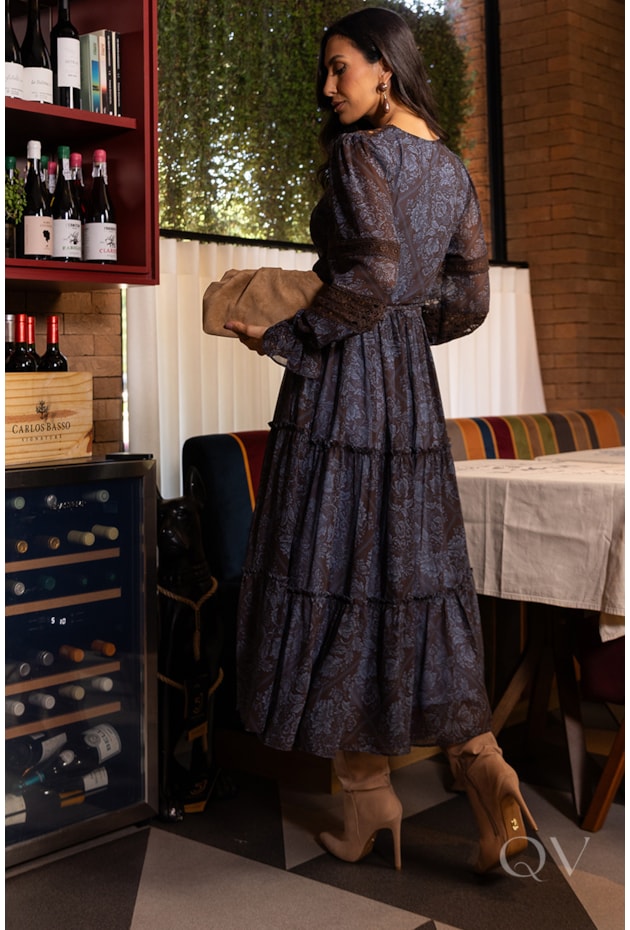 VESTIDO MIDI COM MARIAS EM CHIFFON ESTAMPADO AZUL - LUZIA FAZZOLLI