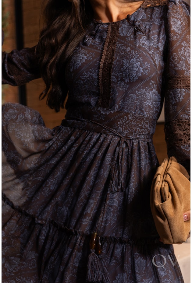 VESTIDO MIDI COM MARIAS EM CHIFFON ESTAMPADO AZUL - LUZIA FAZZOLLI