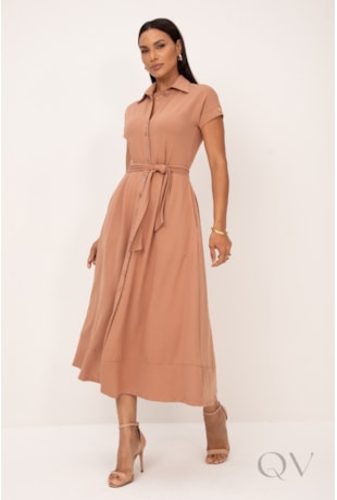 VESTIDO MIDI COM PESPONTOS EM MALHA PIQUET MOCHA MOUSSE - LEKAZIS