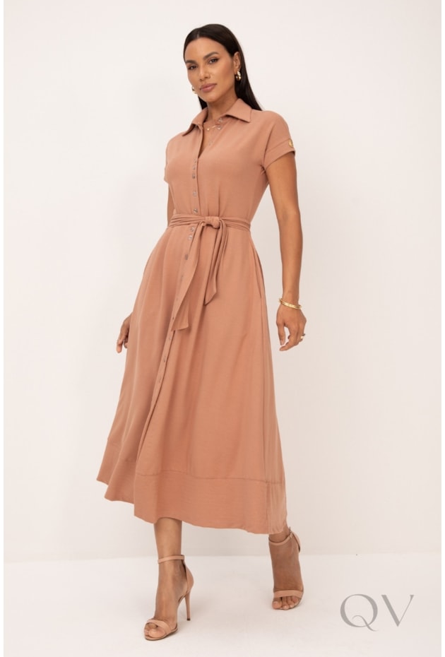 VESTIDO MIDI COM PESPONTOS EM MALHA PIQUET MOCHA MOUSSE - LEKAZIS