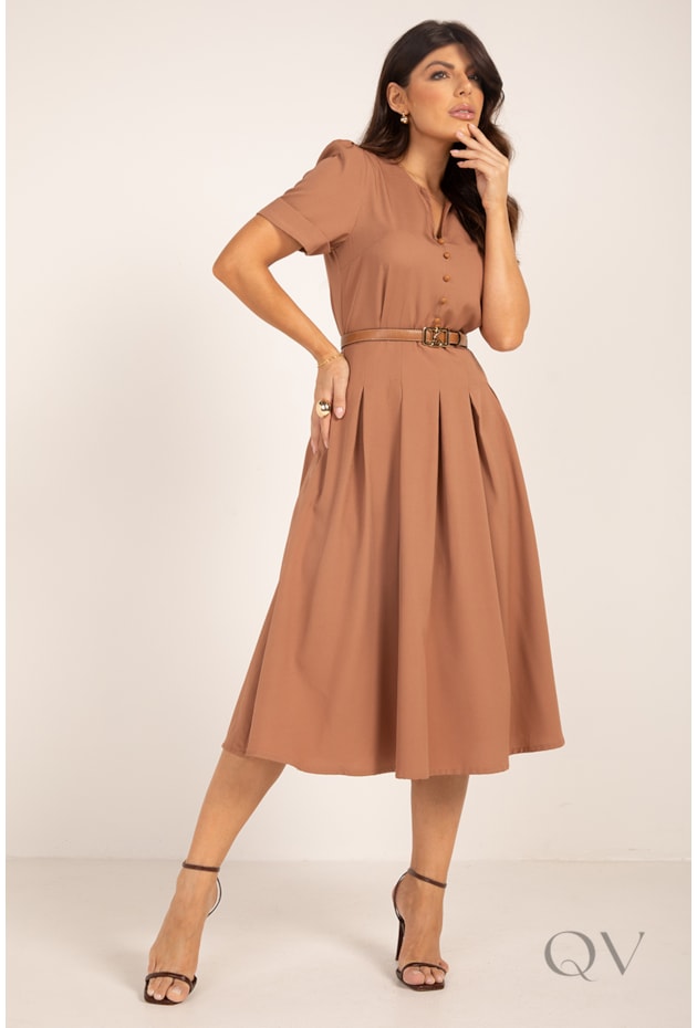 VESTIDO MIDI COM PREGAS EM ALFAIATARIA MOCHA MOUSSE - LEKAZIS