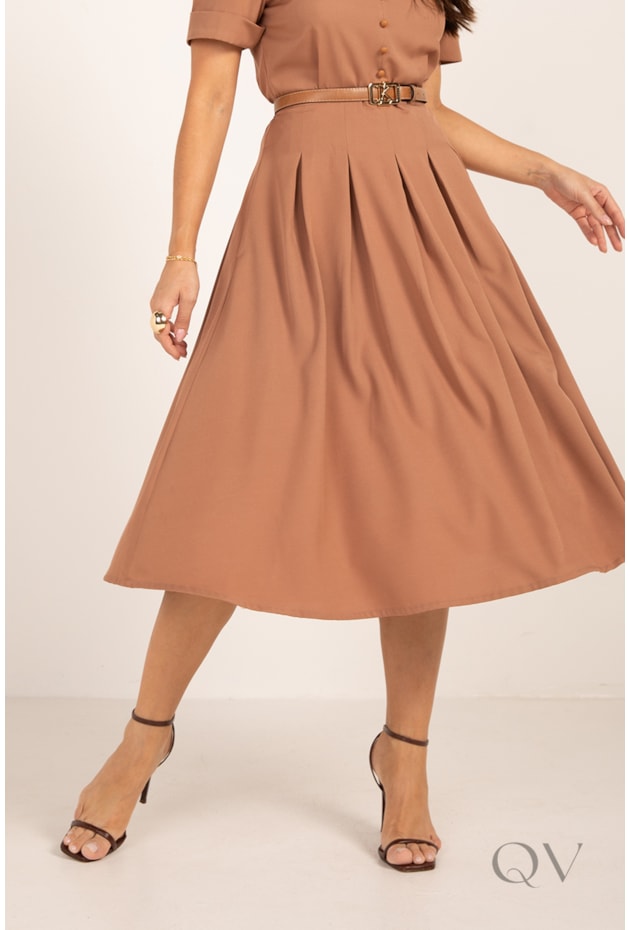 VESTIDO MIDI COM PREGAS EM ALFAIATARIA MOCHA MOUSSE - LEKAZIS