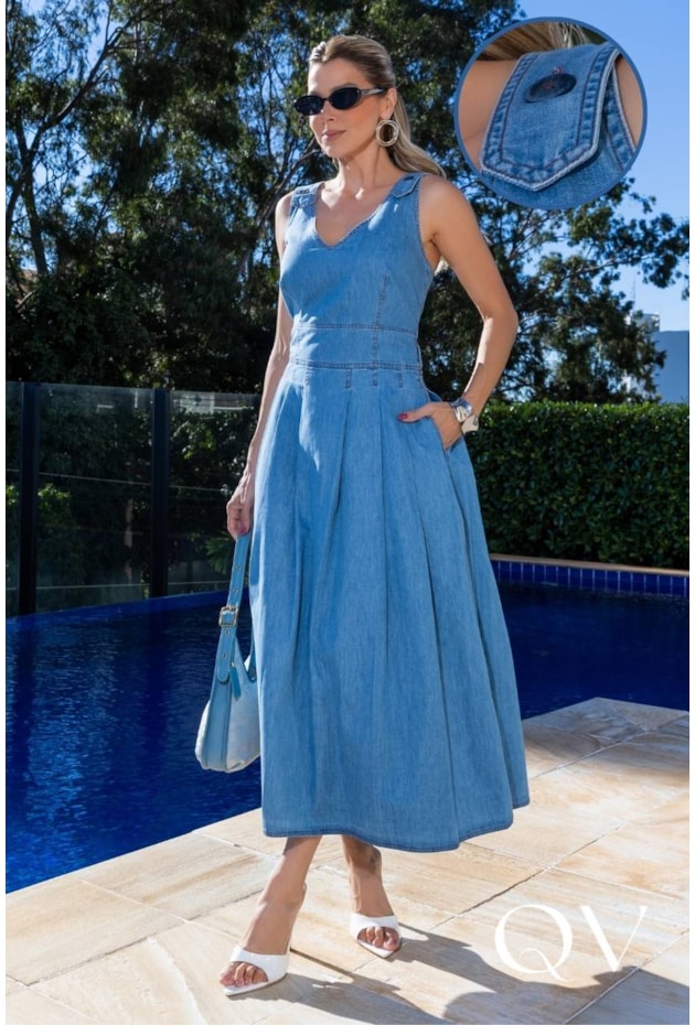 VESTIDO MIDI COM PREGAS EM JEANS AZUL - LUZIA FAZZOLLI