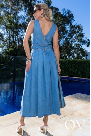VESTIDO MIDI COM PREGAS EM JEANS AZUL - LUZIA FAZZOLLI