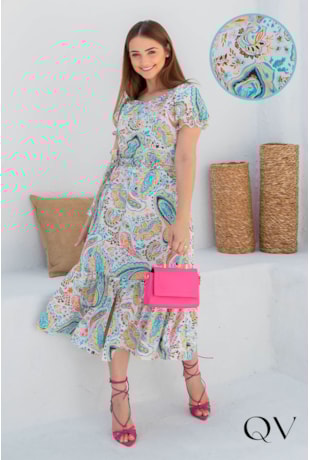 VESTIDO MIDI CREPE ESTAMPA AZUL - VALENTINA SIRRAH